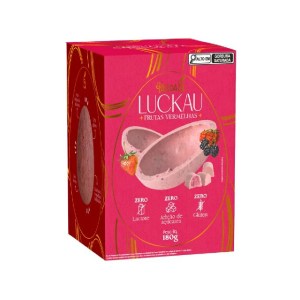 Foto da embalagem do ovo de Páscoa da marca Luckau em duas cascas sabor chocolate branco com frutas vermelhas.