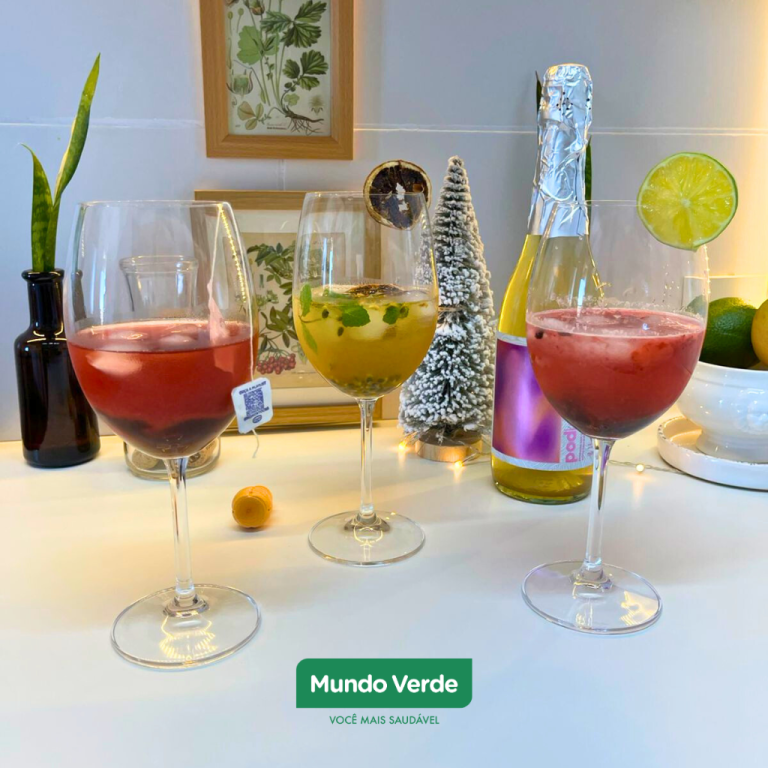 Drinks saudáveis com kombucha servidos em taças, com sabores de frutas vermelhas, laranja, maracujá e limão, em uma mesa decorada, leves e refrescantes.