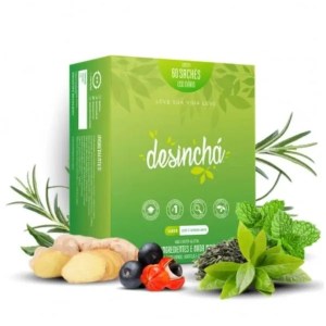 Foto da embalagem do chá para 60 dias com 60 sachês da marca Desinchá.