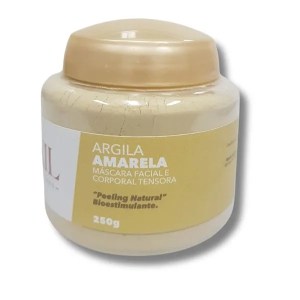Foto da embalagem de argila amarela em pote para utilizar como máscara facial e corporal da marca Rakiol