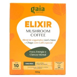 Foto da embalagem de café com a presença do blend de cogumelos lion’s mane e chaga da marca Gaia Superfoods.