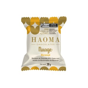 Foto da embalagem do bombom da linha Nuage sabor chocolate com recheio de marshmallow de maracujá da marca Haoma.