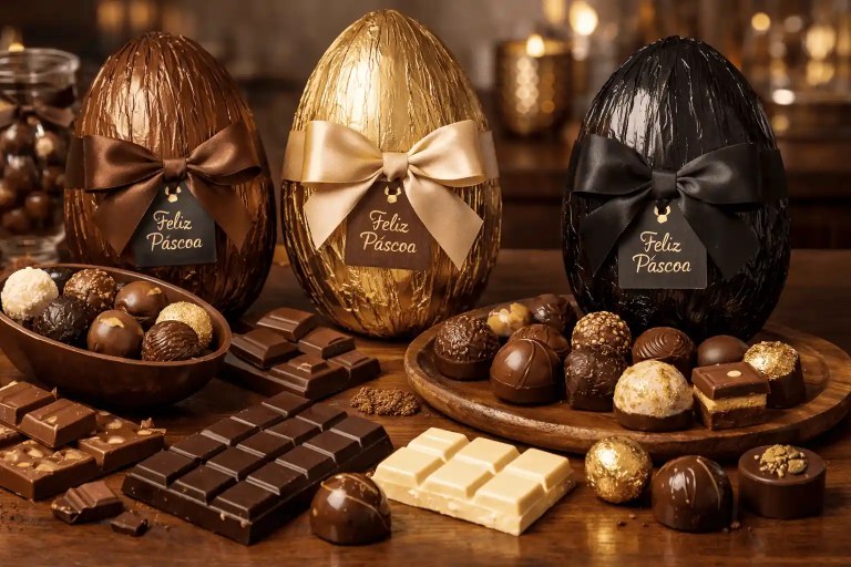 Imagem gerada por inteligência artificial de ovos de Páscoa para presente em cima de uma mesa com barras de chocolates e bombons.