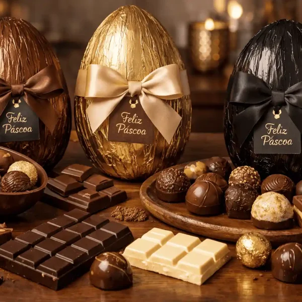 Imagem gerada por inteligência artificial de ovos de Páscoa para presente em cima de uma mesa com barras de chocolates e bombons.